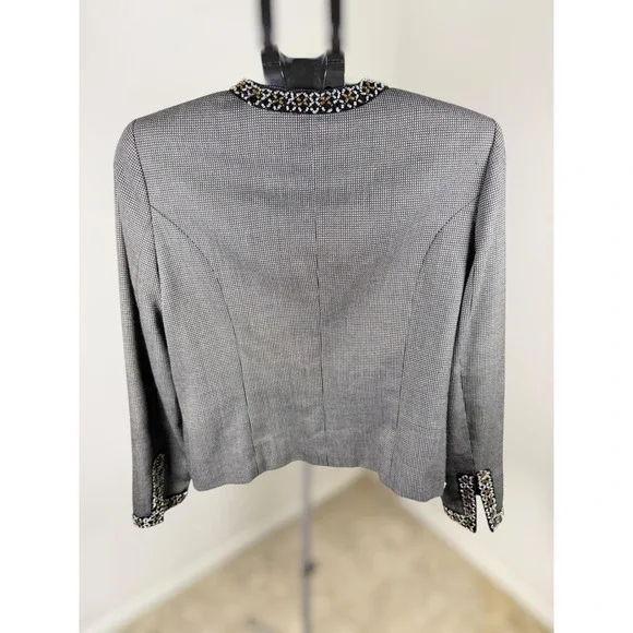 WD-Platinum Beaded Houndstooth Blazer Jacket Black White Size 12 Leopard Lining - Picture 5 of 8